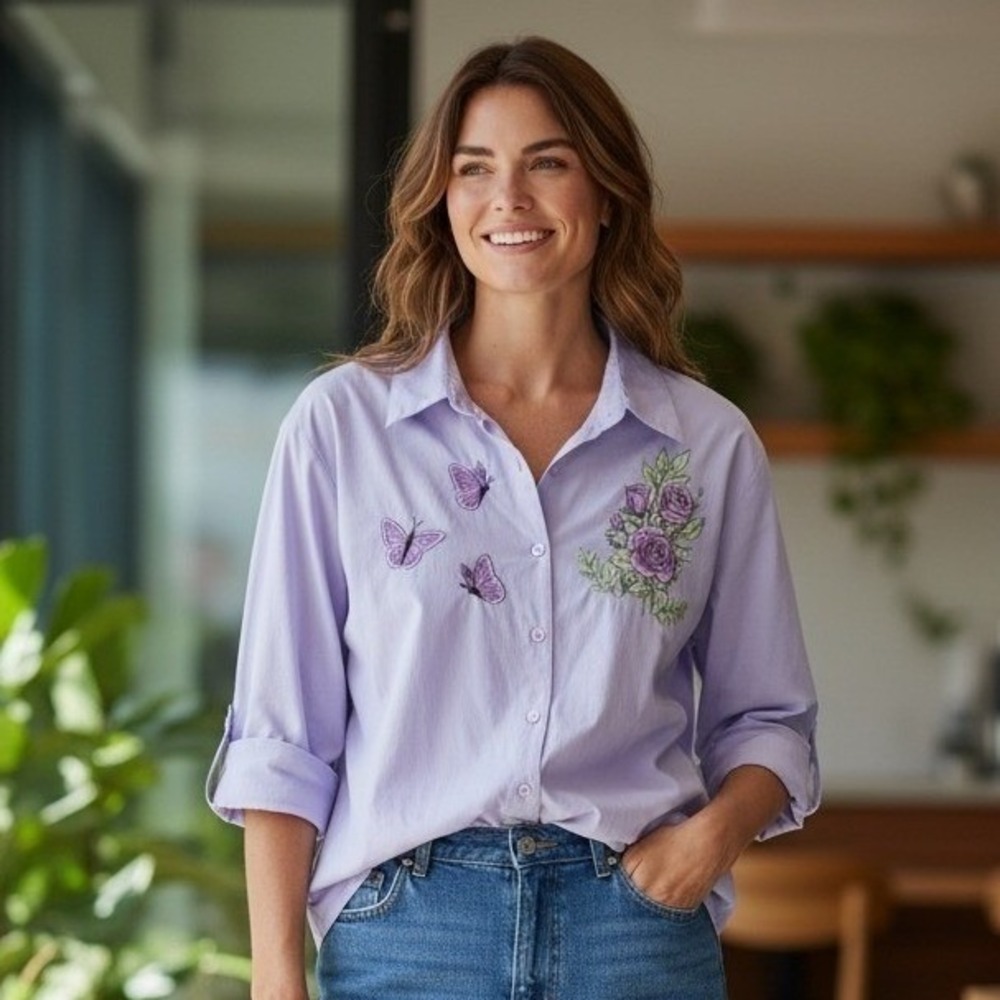 VTG Collections Etc Womens XXL Lavender Cotton Embroidered Butterfly Rose Shirt